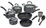 Product Image. Title: T-fal� E918SC64 Ultimate Hard Anodized 12pc set (8&10.25" fry, 1-2-3qt cov'd sauce, 5qt cov'd dutch, 2 tools)