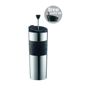 Bodum Travel French Press Coffee Maker with Extra Lid, 15 oz - Black Stainless Steel