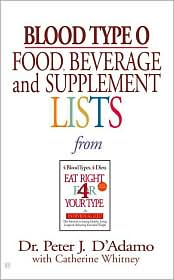 Blood Type O Food, Beverage and Supplemental Lists by Peter J. D'Adamo: Book Cover
