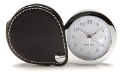 Product Image. Title: Black Leather Travel Alarm Clock with Glow In The Dark Hands