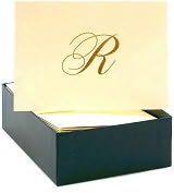 Product Image. Title: Engraved Gold Initial R Ecru Boxed Card set of 20