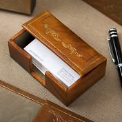 Product Image. Title: Hand Crafted Gold Embossed Genuine Leather Business Card Holder with Moire Lining 3x5