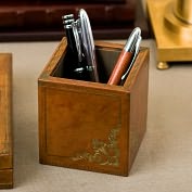 Product Image. Title: Hand Crafted Gold Embossed Genuine Leather Pencil Cup with Moire Lining 3x3