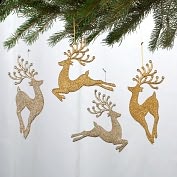 Product Image. Title: Champagne and Gold Diamond Reindeer Ornament Set