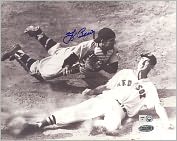 Product Image. Title: Autographed Yogi Berra vs. Ted Williams Slide - Black & White Horizontal 8x10 Photograph