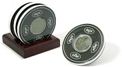 Product Image. Title: Green New York Jets Logo Coasters with Gamed Used Turf - Set of 4