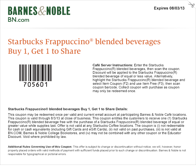 Starbucks Barnes And Noble Coupon For B1g1 Frappucino Drinks