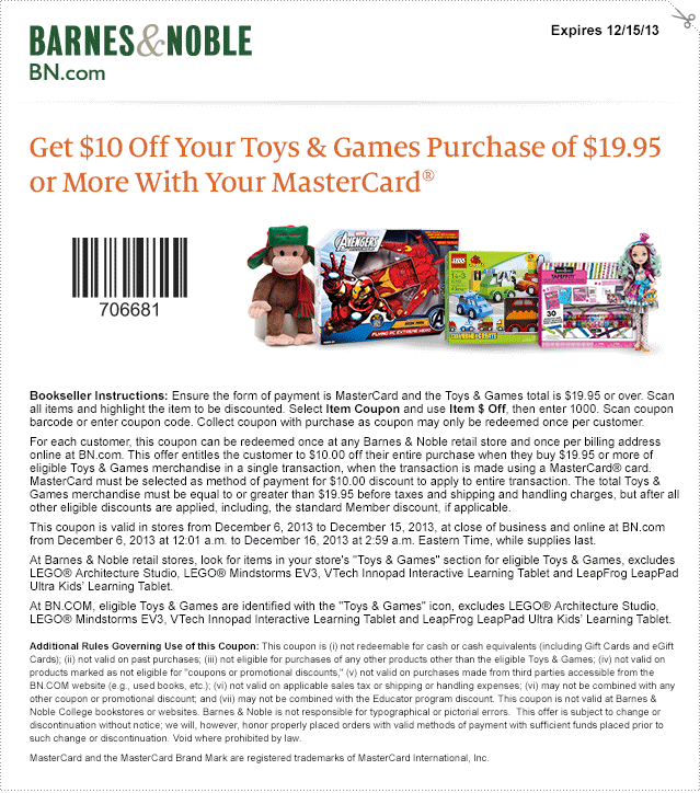 Barnes Noble 10 Off Toys Games Of 19 95 With Mastercard In