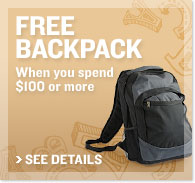 Free Backpack When you spend $100 or more - See Details