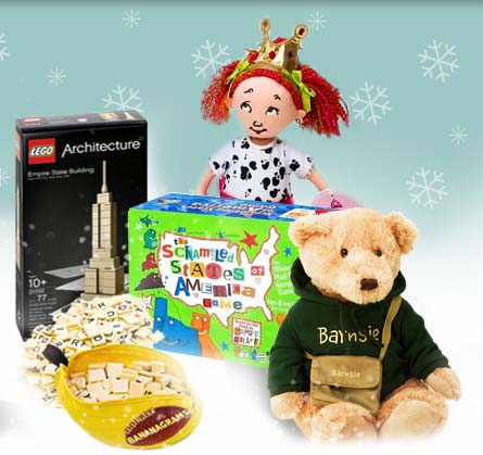 Product Image. Title: LEGO Architecture Empire State Building, MFG: Brickstructures. Title: Doll Fancy Nancy: 9 inches, MFG: Madame Alexander for Alexander Doll Company, Inc. Title: The Scrambled States of America Game, MFG: Gamewright. Title: Double BANANAGRAMS, MFG: Bananagrams. Title: Barnsie 2009 Plush Bear in Sweatshirt, MFG: Barnes & Noble.