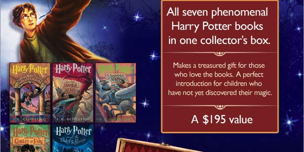 Book Cover Image. Titles: Harry Potter and the Sorcerer's Stone; Harry Potter and the Chamber of Secrets; Harry Potter and the Prisoner of Azkaban; Harry Potter and the Goblet of Fire; Harry Potter and the Order of the Phoenix, Author: J.K. Rowling. All seven phenomenal Harry Potter books in one collector's box. Makes a treasured gift for those who love the books. A perfect introduction for children who have not yet discovered their magic. A $195 value