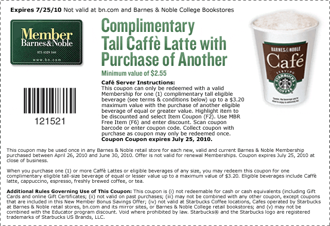 Barnes And Nobles Coupon B1g1 Free Starbucks Latte