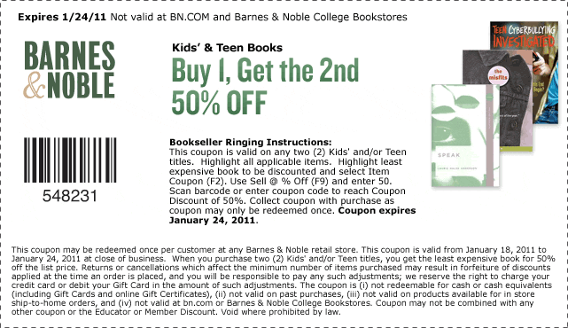 Printable Barnes And Noble Coupon 20 Off One Item