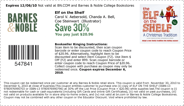 Save 30% on Elf on the Shelf by Carol V. Aebersold - You pay just $20.96 - Coupon expires December 6, 2010. Not valid at BN.COM and Barnes & Noble College Bookstores.